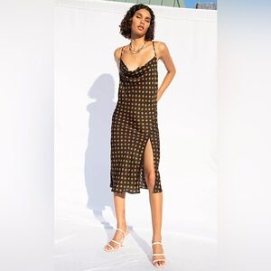 For love & lemons Morgan satin rust polka dot cowl neck open back midi dress